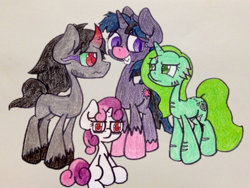 Size: 1280x960 | Tagged: safe, artist:adurot, artist:askmerriweatherauthor, derpibooru import, king sombra, sweetie belle, oc, oc:merriweather, pony, mentally advanced series, image, jpeg, thrackerzod, traditional art, werelight shine