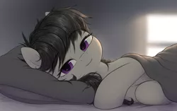 Size: 2013x1263 | Tagged: safe, artist:zippysqrl, derpibooru import, octavia melody, earth pony, pony, bed, bed mane, bedsheets, cute, female, image, lidded eyes, looking at you, lying down, messy mane, morning, morning ponies, pillow, png, smiling, solo, tavibetes, there's a horse in my bed, waking up