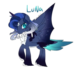 Size: 3112x2824 | Tagged: safe, artist:articfoxdraws, derpibooru import, princess luna, alicorn, bat pony, bat pony alicorn, pony, alternate hairstyle, bat ponified, bat wings, chest fluff, ethereal mane, female, freckles, horn, hybrid wings, image, lunabat, mare, markings, png, race swap, raised hoof, redesign, simple background, solo, starry mane, transparent background, unshorn fetlocks, wings