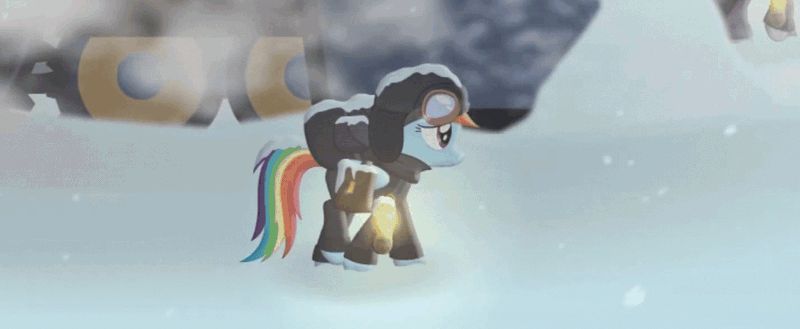 Size: 1426x587 | Tagged: safe, artist:yudhaikeledai, derpibooru import, rainbow dash, ponified, pegasus, pony, animated, backpack, bag, clothes, coat, dark, female, flashlight (object), frostpony, frostpunk, gif, goggles, hat, i can't believe it's not hasbro studios, ice, image, mare, post-apocalyptic, sad, saddle bag, sadness, scarf, snow, snowfall, snowflake, solo, train, trotting, wheel, winter clothes, winter coat, youtube link
