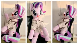 Size: 1024x576 | Tagged: safe, artist:nekokevin, derpibooru import, starlight glimmer, pony, unicorn, series:nekokevin's glimmy, clothes, female, image, irl, jpeg, life size, looking at you, mare, open mouth, photo, plushie, raised hoof, shirt, sitting, smiling, solo