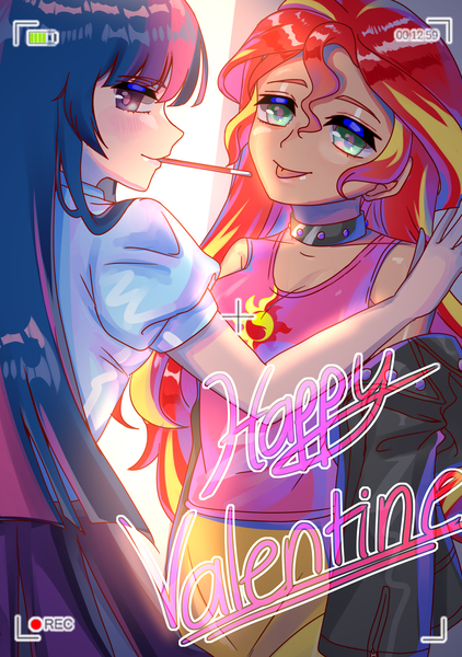 Size: 2112x3000 | Tagged: safe, artist:hanasakiyunarin, derpibooru import, sunset shimmer, twilight sparkle, equestria girls, camera shot, choker, clothes, cute, cutie mark, cutie mark on clothes, duo, female, holiday, human coloration, image, jpeg, lesbian, looking at you, shipping, smiling, sunlight, sunsetsparkle, thermometer, tongue out, valentine's day