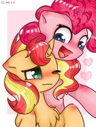 Size: 1080x1440 | Tagged: safe, artist:starflashing twinkle, derpibooru import, pinkie pie, sunset shimmer, earth pony, pony, unicorn, blushing, chest fluff, cute, female, image, lesbian, looking at each other, one eye closed, open mouth, png, shipping, simple background, sunsetpie