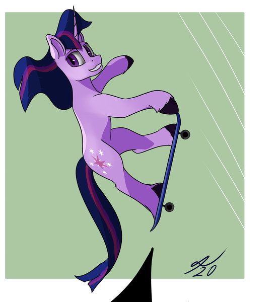 Size: 2000x2160 | Tagged: safe, artist:tenebrisnoctus, derpibooru import, twilight sparkle, pony, unicorn, female, green background, grin, image, mare, png, radical, signature, simple background, skateboard, skateboarding, smiling, solo, unicorn twilight