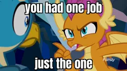 Size: 1920x1080 | Tagged: safe, derpibooru import, edit, edited screencap, screencap, gallus, smolder, dragon, gryphon, what lies beneath, angry, caption, discovery family logo, dragoness, duo, female, image, image macro, jpeg, loki, male, narrowed eyes, nightmare cave, pointing, reaction image, scared, text, thor ragnarok, wide eyes, you had one job