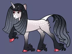 Size: 2800x2100 | Tagged: safe, artist:loryska, derpibooru import, oc, pony, unicorn, blue background, cloven hooves, female, image, mare, offspring, parent:king sombra, parent:princess cadance, parents:somdance, png, raised hoof, simple background, solo, unshorn fetlocks