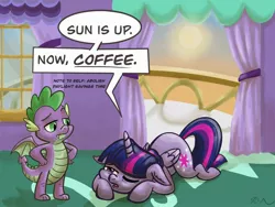 Size: 2048x1536 | Tagged: safe, artist:catscratchpaper, derpibooru import, spike, twilight sparkle, twilight sparkle (alicorn), alicorn, dragon, pony, dialogue, duo, ear fluff, face down ass up, floppy ears, image, jpeg, lying down, one eye closed, prone, speech bubble, sunrise, tired, winged spike