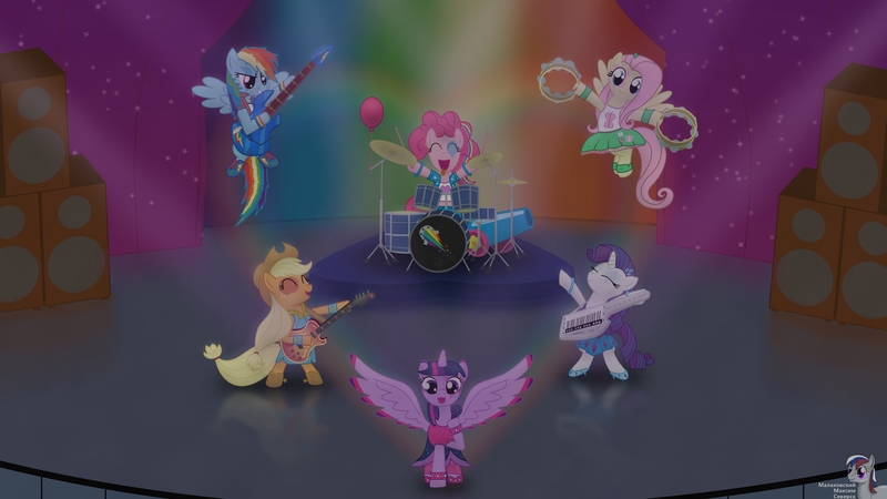 Size: 3840x2160 | Tagged: safe, artist:intelmax89, derpibooru import, applejack, fluttershy, pinkie pie, rainbow dash, rarity, sunset shimmer, twilight sparkle, ponified, alicorn, earth pony, pegasus, pony, unicorn, equestria girls, rainbow rocks, bass guitar, boots, clothes, dress, drum kit, drums, guitar, image, jpeg, keytar, makeup, mane six, musical instrument, party cannon, scene interpretation, shoes, singing, skirt, stage, tambourine, the rainbooms, tongue out, welcome to the show