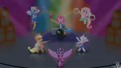Size: 3840x2160 | Tagged: safe, artist:intelmax89, derpibooru import, applejack, fluttershy, pinkie pie, rainbow dash, rarity, sunset shimmer, twilight sparkle, ponified, alicorn, earth pony, pegasus, pony, unicorn, equestria girls, rainbow rocks, bass guitar, boots, clothes, dress, drum kit, drums, guitar, image, jpeg, keytar, makeup, mane six, musical instrument, party cannon, scene interpretation, shoes, singing, skirt, stage, tambourine, the rainbooms, tongue out, welcome to the show