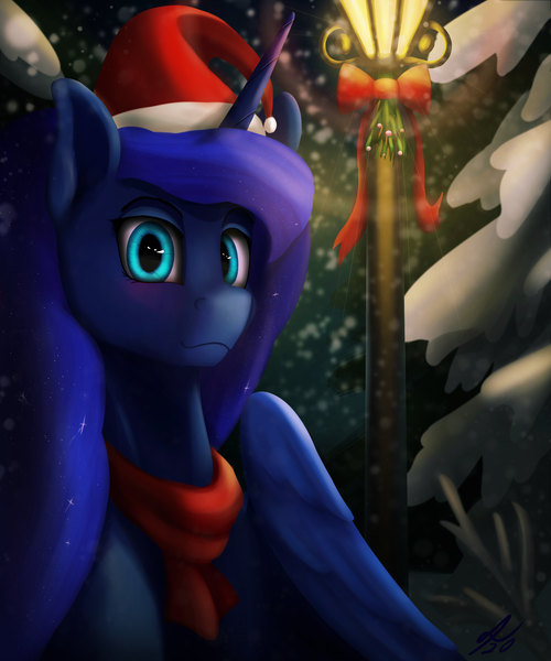 Size: 1800x2160 | Tagged: safe, artist:tenebrisnoctus, derpibooru import, princess luna, alicorn, pony, christmas, clothes, female, hat, holiday, image, lamppost, looking at you, mare, png, santa hat, scarf, snow, snowfall, solo