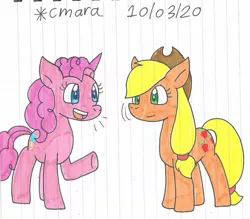 Size: 1284x1125 | Tagged: safe, artist:cmara, derpibooru import, applejack, pinkie pie, earth pony, pony, applejack's hat, cowboy hat, duo, female, hat, image, jpeg, mare, open mouth, raised hoof, simple background, traditional art, white background