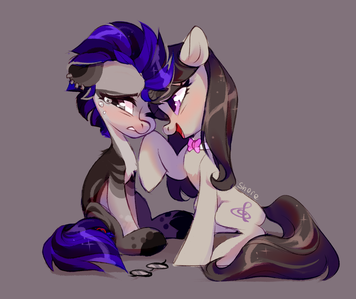 Size: 3445x2894 | Tagged: safe, artist:shore2020, derpibooru import, octavia melody, oc, earth pony, pony, blushing, bowtie, canon x oc, comforting, crying, ear piercing, earring, female, glasses, gray background, image, jewelry, lesbian, mare, markings, one eye closed, piercing, png, raised hoof, sad, simple background, sitting, smiling