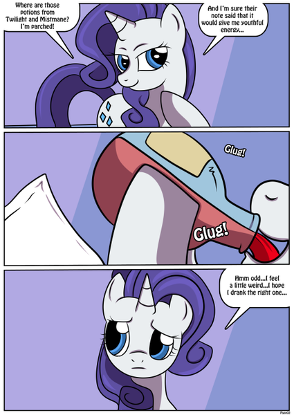 Size: 479x677 | Tagged: safe, artist:ltcolonelwhipper, artist:rex-equinox, derpibooru import, rarity, pony, unicorn, comic:coming of age, age progression, bottle, comic, commission, confused, drinking, female, image, looking sideways, mare, note, onomatopoeia, open mouth, png, potion, raised hoof, smiling, solo, speech bubble, story included, transformation, transformation sequence