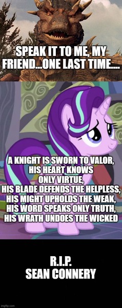 Size: 500x1260 | Tagged: safe, derpibooru import, edit, edited screencap, screencap, starlight glimmer, dragon, pony, comic, dragonheart, image, in memoriam, jpeg, oath, rest in peace, screencap comic, sean connery, the old code