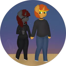 Size: 2713x2713 | Tagged: safe, artist:embermare, artist:emberstoneeqf, derpibooru import, oc, oc:ember stone, oc:radray, anthro, unicorn, beach, clothes, couple, cute, female, image, male, png, relationship, sunset, walk