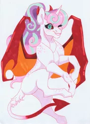 Size: 2713x3717 | Tagged: safe, artist:frozensoulpony, derpibooru import, princess flurry heart, pony, bat wings, colored sclera, devil horns, devil tail, image, jpeg, older, one eye closed, solo, traditional art, wings, wink