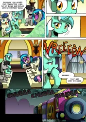 Size: 2408x3400 | Tagged: safe, artist:tarkron, author:bigonionbean, derpibooru import, bon bon, lyra heartstrings, octavia melody, sweetie drops, vinyl scratch, earth pony, pony, unicorn, comic:fusing the fusions, comic:time of the fusions, background pony, clock, clothes, comic, commissioner:bigonionbean, cutie mark, dialogue, female, friendship express, glasses, image, mare, png, sitting, storm, tail, tail pull, thinking, train, train station, whistle