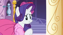 Size: 1920x1080 | Tagged: safe, derpibooru import, screencap, rarity, pony, unicorn, no second prances, carousel boutique, clothes, cropped, cute, dress, female, flower, grin, image, mare, nervous, nervous grin, png, raised hoof, raribetes, rose, smiling, solo, teeth