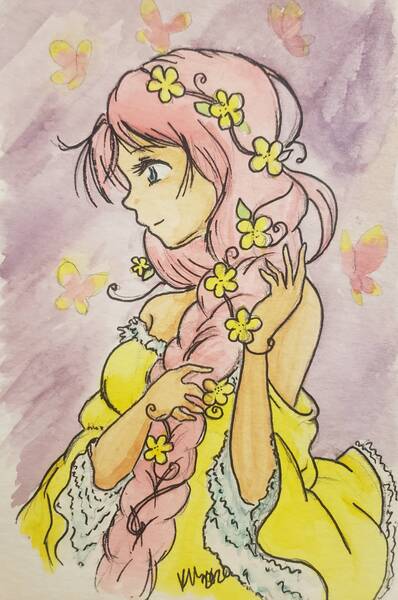 Size: 1277x1923 | Tagged: safe, artist:officiallemonpi, derpibooru import, fluttershy, butterfly, human, insect, alternate hairstyle, braid, clothes, cute, dress, female, floral head wreath, flower, flower in hair, humanized, image, jpeg, off shoulder, profile, shyabetes, solo, traditional art, yellow dress