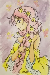 Size: 1277x1923 | Tagged: safe, artist:officiallemonpi, derpibooru import, fluttershy, butterfly, human, insect, alternate hairstyle, braid, clothes, cute, dress, female, floral head wreath, flower, flower in hair, humanized, image, jpeg, off shoulder, profile, shyabetes, solo, traditional art, yellow dress