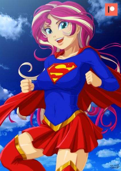 Size: 707x1000 | Tagged: safe, artist:uotapo, derpibooru import, sunset shimmer, equestria girls, breasts, cape, clothes, costume, crossover, dc comics, female, image, jpeg, looking at you, open mouth, skirt, solo, supergirl, superhero, superman, zettai ryouiki