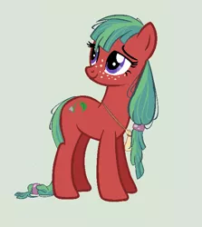 Size: 578x648 | Tagged: safe, artist:ashurikrbg, derpibooru import, oc, oc:apple seed, earth pony, pony, female, freckles, green background, image, mare, offspring, parent:big macintosh, parent:marble pie, parents:marblemac, png, simple background, solo