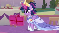 Size: 1920x1080 | Tagged: safe, derpibooru import, screencap, twilight sparkle, twilight sparkle (alicorn), alicorn, pony, the last problem, clothes, coronation dress, crown, dress, glowing horn, horn, image, jewelry, magic, magic aura, png, present, regalia, second coronation dress, solo