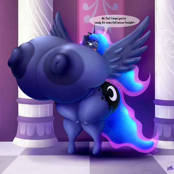 Size: 960x960 | Tagged: questionable, alternate version, artist:09hankris, derpibooru import, princess luna, alicorn, anthro, unguligrade anthro, areola, bedroom eyes, big areola, big breasts, big nipples, breasts, busty princess luna, crown, cutie mark, digital art, erect nipples, eyelashes, female, horn, huge breasts, hyper, hyper breasts, image, implied lesbian, implied princest, implied shipping, impossibly large breasts, jewelry, nipples, nudity, open mouth, png, regalia, solo, solo female, speech bubble, spread wings, tail, text, thighs, thunder thighs, wide hips, wings