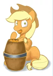 Size: 848x1219 | Tagged: safe, artist:cyonixcymatro, derpibooru import, applejack, earth pony, pony, barrel, caught, dishonorapple, eating, female, food, herbivore, image, jpeg, mare, orange, solo