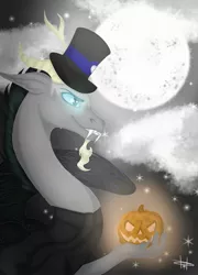 Size: 1606x2232 | Tagged: safe, artist:harukah, derpibooru import, oc, oc:lord fear, draconequus, halloween, holiday, image, jpeg, male, moon, night, nightmare, nightmare night, not discord, oc villain, pumpkin, solo, stars, wings