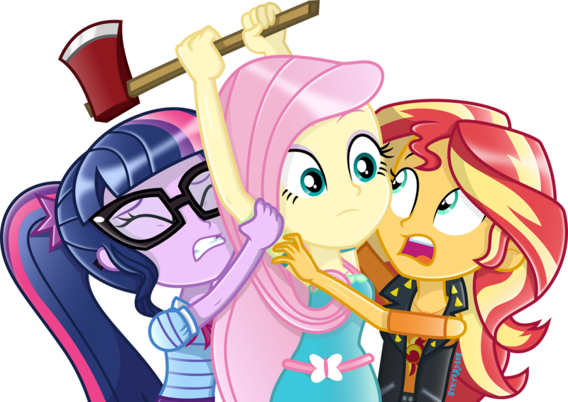 Size: 1280x906 | Tagged: safe, artist:steyrrdash, derpibooru import, fluttershy, sci-twi, sunset shimmer, twilight sparkle, equestria girls, hatchet, image, implied zephyr breeze, moments before disaster, png, this will end in murder, this will not end well