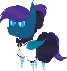 Size: 5699x6073 | Tagged: safe, artist:tikibat, derpibooru import, oc, oc:stardust, oc:stardust(cosmiceclipse), unofficial characters only, bat pony, pony, bat pony oc, bat wings, bow, clothes, crossdressing, derpibooru exclusive, ear fluff, eyeshadow, fangs, femboy, hair bow, image, makeup, male, membranous wings, png, ponytail, school uniform, simple background, skirt, slit eyes, slit pupils, socks, solo, stallion, striped socks, transparent background, wings