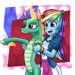 Size: 1200x1200 | Tagged: safe, artist:redahfuhrerking, derpibooru import, rainbow dash, tianhuo, dragon, hybrid, longma, pony, them's fightin' herds, equestria girls, community related, dragoness, female, fiery mane, fire, holding a longma, holding a pony, holding a pony?, image, png, tianhuo is not amused, unamused