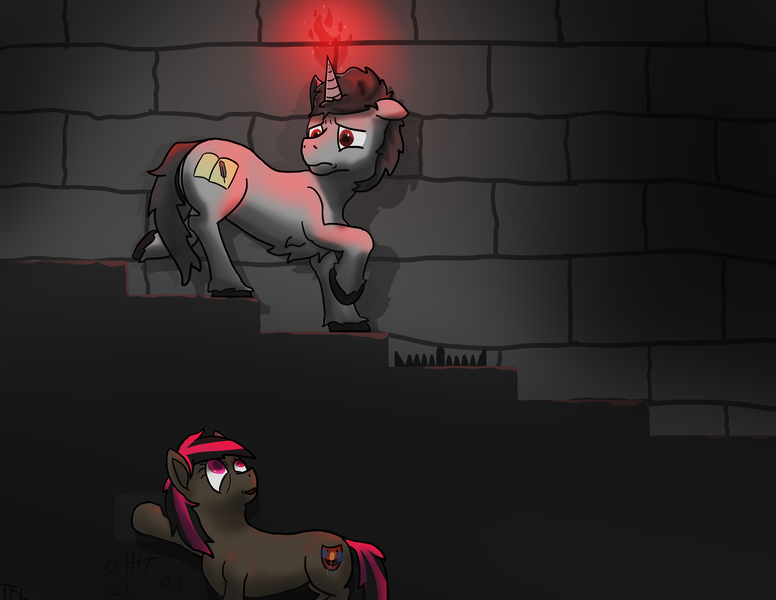 Size: 3300x2550 | Tagged: safe, artist:tofuslied-, derpibooru import, oc, earth pony, pony, unicorn, bear trap, floppy ears, glowing horn, horn, image, png, stairs, tally marks, this will not end well, trap (device)