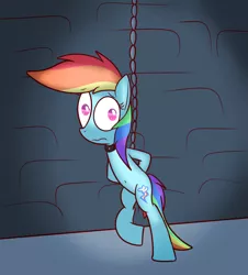 Size: 1280x1413 | Tagged: safe, artist:mr-degration, derpibooru import, rainbow dash, pegasus, pony, arm behind back, bipedal, bondage, chains, collar, female, image, png, rope, solo, tied up