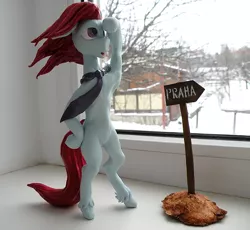 Size: 712x655 | Tagged: safe, artist:pankarl, derpibooru import, oc, oc:vialleux, anthro, earth pony, bipedal, craft, figurine, image, irl, necktie, photo, png, signpost, solo, window