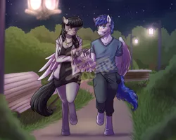 Size: 2500x2000 | Tagged: safe, artist:yami-sempai, derpibooru import, octavia melody, oc, anthro, pegasus, unguligrade anthro, bench, canon x oc, clothes, dress, image, jacket, lamppost, male, night, pants, park, png, shirt