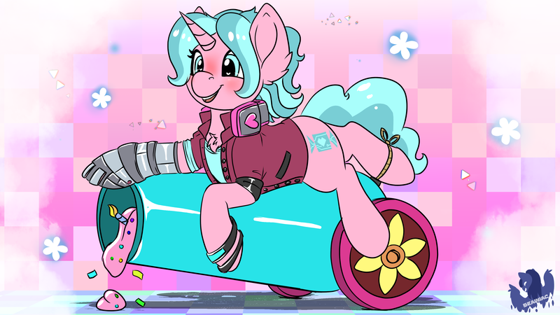 Size: 3840x2160 | Tagged: safe, artist:brainiac, derpibooru import, oc, oc:candy chip, cyborg, pony, unicorn, comic:the sunjackers, the sunjackers, amputee, clothes, cute, cybernetic arm, cybernetic enhancements, cyberpunk, female, gift art, headphones, image, mare, ocbetes, party cannon, png, solo