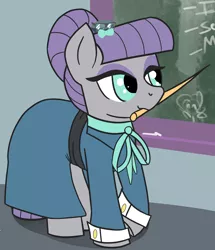 Size: 1652x1918 | Tagged: safe, artist:wallswallswalls, derpibooru import, boulder (pet), maud pie, earth pony, alternate hairstyle, bowtie, clothes, glasses, hair bun, image, mouth hold, png, solo, teacher