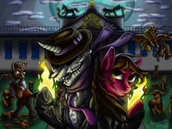 Size: 2188x1642 | Tagged: safe, artist:armorwing, derpibooru import, ponified, earth pony, pony, bone, bust, clothes, female, fire, grin, hat, image, jpeg, male, mare, necktie, outdoors, pyromancy, scarf, skeleton, smiling, stallion