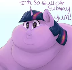 Size: 1756x1726 | Tagged: suggestive, artist:lupin quill, derpibooru import, twilight sparkle, alicorn, pony, blushing, bust, chubby cheeks, dialogue, double chin, fat, fat fetish, feedee, female, fetish, food, image, mayonnaise, meme, messy eating, morbidly obese, multichin, neck fat, neck roll, obese, png, rolls of fat, sauce, simple background, solo, solo female, stuffed, stuffing, subway, triple chin, twilard sparkle