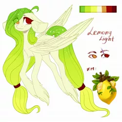 Size: 2160x2160 | Tagged: safe, artist:helemaranth, derpibooru import, oc, oc:lemony light, unofficial characters only, pegasus, pony, ethereal mane, eye clipping through hair, female, food, heterochromia, hoof fluff, image, jpeg, lemon, mare, pegasus oc, reference sheet, smiling, solo, starry mane, wings