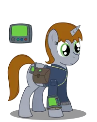 Size: 1000x1250 | Tagged: safe, alternate version, artist:warren peace, derpibooru import, oc, oc:littlepip, pony, unicorn, fallout equestria, bag, bobby pin, clothed ponies, clothes, cutie mark, fallout, female, image, mare, pipbuck, png, saddle bag, shadow, simple background, smiling, solo, stable 2, transparent background, vault suit, vector