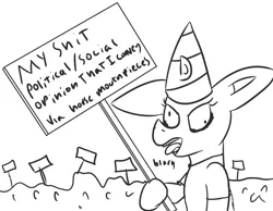 Size: 2092x1624 | Tagged: safe, artist:arrell, derpibooru import, earth pony, pony, bait, dunce hat, female, hat, image, mare, op is a duck, op is trying too hard, open mouth, png, politics, sign, sketch, solo, text, tongue out, vulgar