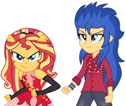 Size: 1024x861 | Tagged: safe, artist:cloudyglow, artist:emeraldblast63, derpibooru import, flash sentry, sunset shimmer, cheer you on, equestria girls, equestria girls series, spoiler:eqg series (season 2), duo, duo female, female, flare warden, image, png, ponied up, rule 63, simple background, sleeveless, super ponied up, transparent background
