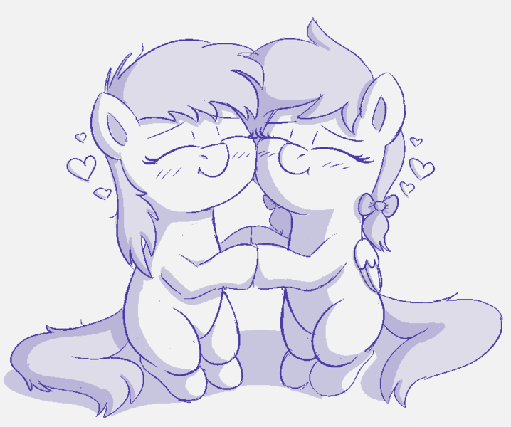 Size: 866x724 | Tagged: safe, artist:heretichesh, derpibooru import, oc, oc:aryanne, oc:kyrie, earth pony, pegasus, pony, blushing, bow, duo, female, filly, hair bow, happy, heart, hooves together, image, monochrome, pigtails, png, shipping, sketch, younger