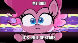 Size: 888x499 | Tagged: safe, derpibooru import, screencap, pinkie pie, earth pony, pony, my little pony: pony life, the great collide, spoiler:pony life s01e26, 2001: a space odyssey, caption, female, image, image macro, jpeg, looking at you, mare, meme, quote, solo, text