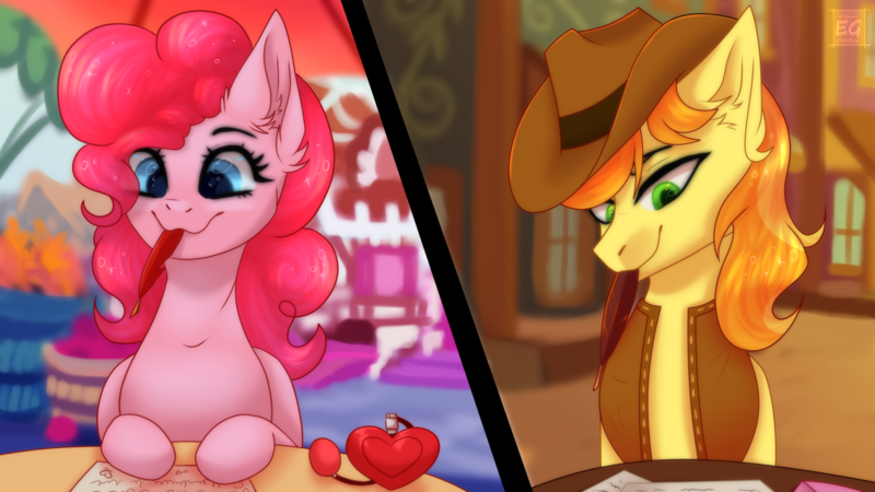 Size: 1920x1080 | Tagged: safe, artist:elektra-gertly, derpibooru import, braeburn, pinkie pie, earth pony, pony, appleloosa, braepie, clothes, commission, female, hat, image, letter, male, mare, mouth hold, perfume, png, ponyville, quill, shipping, stallion, straight, vest, writing