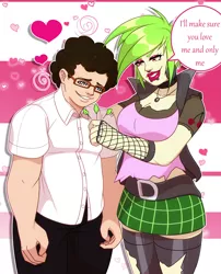 Size: 2519x3118 | Tagged: safe, artist:ninalife31, derpibooru import, cherry crash, equestria girls, background human, breasts, busty cherry crash, chevan, cleavage, clothes, dialogue, female, floating heart, glasses, green hair, happy trance, heart, hypnosis, image, lip piercing, male, miniskirt, nose piercing, older, piercing, plaid skirt, png, shipping, skirt, speech bubble, swirly eyes, zettai ryouiki