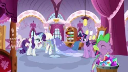 Size: 1920x1080 | Tagged: safe, derpibooru import, screencap, rarity, spike, twilight sparkle, alicorn, dragon, the last problem, carousel boutique, clothes, dress, gem, image, measuring tape, png, twilight sparkle (alicorn), winged spike